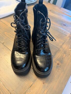 Black Croc-Embossed Platform Combat Boots